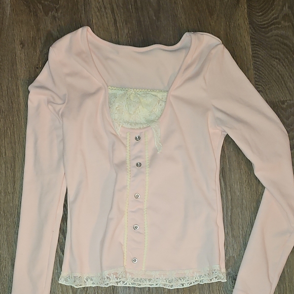 ROMWE Tops - ROMWE Pink Lace Button-Up Blouse